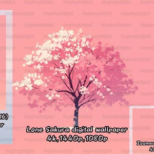 Op de afbeelding: Een digitale wallpaper met een enkele roze kersenboom met witte bloemen tegen een lichtroze achtergrond. De tekst "Lone Sakura digital wallpaper 4k, 1440p, 1080p" wordt onder de boom weergegeven.