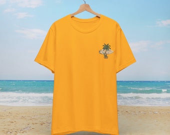 Surfboard And Palm Trees On The Beach, Summer Shirt, Summer, Hot, Surf, Beach, Palm Trees, Sand, Sun, Vacation, Relax, T-Shirt, Quality,