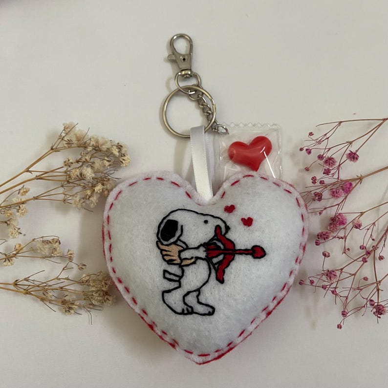 Handmade Embroidered Snoopy Keychain: Valentine's Gift Christmas ornaments, Christmas gift snoopy bow