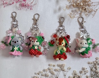 Calico Critter Fruit Keychain: Beaded Animal Keychain, Strawberry keychains, strawberry calico critters