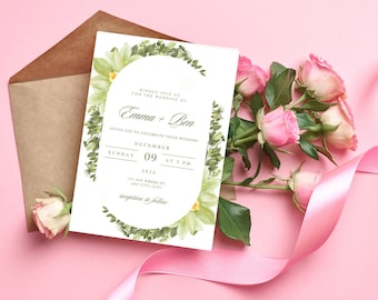 Editable Invitation Wedding Invitation Template - Elegant Greenery Floral Green Digital Wedding Invitation - Instant Download