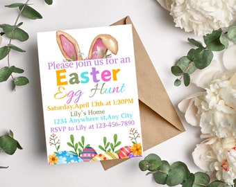 Editable Easter Egg Hunt Invitation Card, Easter invite, Cute Bunny Ear, Easter party invitation template Instant Download