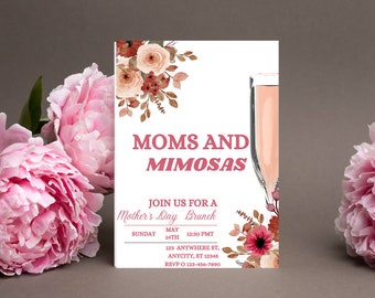 Editable Mother's Day Brunch Invitation, Moms and Mimosas, Floral, Mother's Day Invitation, Tea Party Invitations, Instant Download