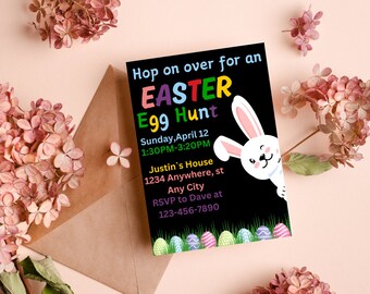 Editable Easter Egg Hunt Invitation Card,Easter Lunch Party Invitation Card,Cute Bunny, Easter invite Party  template Instant Download