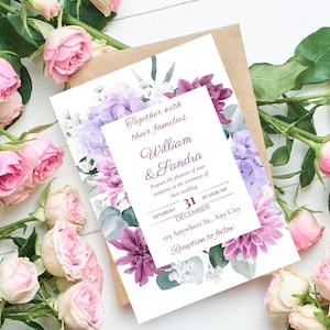 Modello di invito a nozze floreale viola Invito modificabile - Invito a nozze botanico Download istantaneo - Invito a nozze digitale