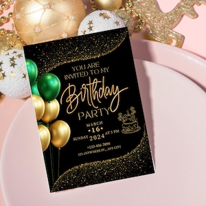 Convite editável para festa de aniversário em ouro verde esmeralda preto, cartão de aniversário, cartão de aniversário, download instantâneo, convite digital para cartão de aniversário