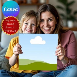 May include: A square book mockup featuring a blue sky and cloud design is held by a smiling mother and child. The Canva logo is in the upper left, and the words "Square Book Smart Mockup" are in the lower left corner.