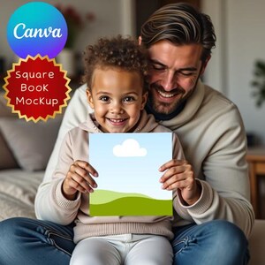 May include: A square book mockup held by a child and an adult. The book features a blue sky with a white cloud and green hills. The Canva logo and "Square Book Mockup" text are visible.