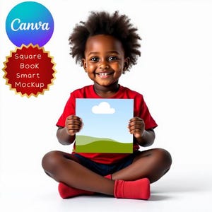 May include: A smiling child in a red shirt and socks holds a square book mockup with a sky and landscape design. The Canva logo and "Square Book Smart Mockup" text are in the upper left corner. The child is sitting cross-legged.