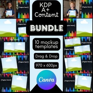 Pode incluir: Um pacote de produtos digitais para criar maquetes. O pacote inclui 10 modelos com um fundo de céu e grama. Os modelos são de 970 x 600 pixels e podem ser usados com Canva. O texto "KDP A+ Content Bundle" é exibido na imagem.