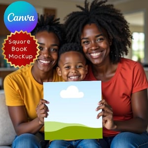 May include: A family of three smiling and holding a square book mockup. The book has a blue sky and green landscape design. The Canva logo and "Square Book Mockup" text are visible.
