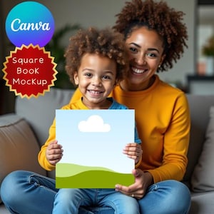 May include: A square book mockup held by a smiling child and adult. The book features a blue sky with a white cloud and green hills. The Canva logo is in a blue circle, and the words "Square Book Mockup" are in a red starburst.