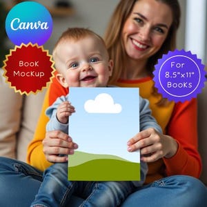 May include: A baby holds a book mockup with a blue sky and cloud design. The book is held by a baby and a woman. The image includes the text "Canva" and "Book Mockup". The book is for 21.6cm x 27.9cm books.