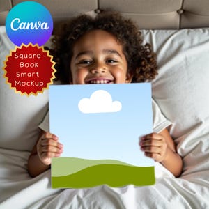 May include: A smiling child holds a square book mockup with a blue sky and cloud design. The Canva logo is in the upper left corner, and the words "Square Book Smart Mockup" are in a red and gold badge.
