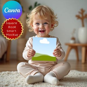 May include: A smiling child holds a square book mockup with a landscape design of a blue sky, white cloud, and green hills. The Canva logo and "Square Book Smart Mockup" text are in the upper left corner.