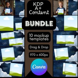 Puede incluir: Un paquete de productos digitales con el texto "KDP A+ Content BUNDLE" y "10 plantillas de maqueta". La imagen incluye el texto "Drag & Drop", "970 x 600px" y el logotipo de Canva. El fondo presenta un cielo azul y colinas verdes.