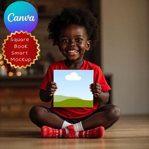 May include: A smiling child in a red shirt and red socks holds a square book mockup with a landscape design of a blue sky, white cloud, and green hills. The Canva and Square Book Smart Mockup logos are visible.