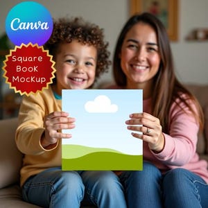 May include: A square book mockup held by two people. The book cover displays a blue sky, white cloud, and green hills. The Canva logo and "Square Book Mockup" text are visible.