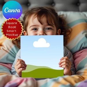 May include: A young child holding a square book mockup with a blue sky and cloud design. The Canva logo is in the upper left corner, and the words "Square Book Smart Mockup" are in a red and gold badge.