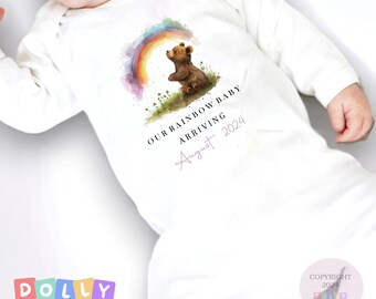 Rainbow Baby Arriving Announcement, Baby Due Pregnancy reveal, Baby Loss, Surprise baby due date vest sleepsuit or bib