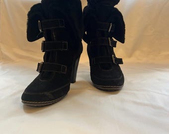 Söfft Women Black Suede Fur Lined Buckle Heel Boots Size 11