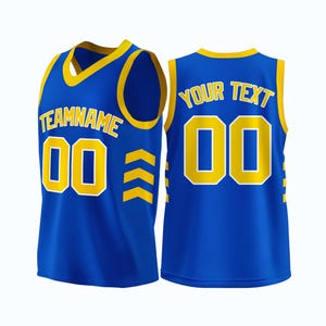 May include: A blue basketball jersey with yellow accents. The front of the jersey has the text "TEAMNAME" and the number "00" in yellow. The back of the jersey has the text "YOUR TEXT" and the number "00" in yellow.