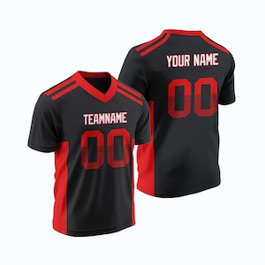 Custom Black Red Football Rugby Jersey Heat Press Only Personalized Name and Number Mesh Top for Bar Staff Team Game or Club Events