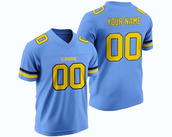 Camiseta de fútbol americano de rugby azul personalizada con bordado cosido, nombre del equipo, número, nombre del jugador, uniforme deportivo de escuela secundaria para fanáticos