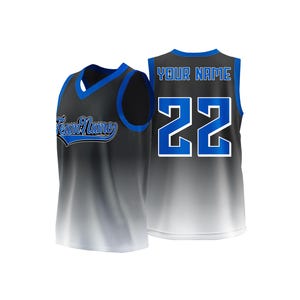 May include: A basketball vest in black, grey, and white with blue trim. The front has "Team Name" in a script font, and the back displays "YOUR NAME" above the number "22". The vest has a gradient design.