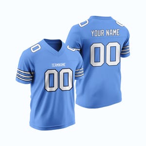 Custom Light Blue Rugby Jersey Personalized Embroidery Custom Team Name Number Player Name Rugby Fan Gear Triple Thin Stripes Sports Shirt