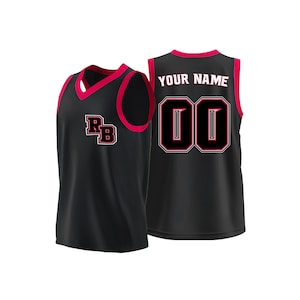 Camiseta de baloncesto personalizada RB negra y roja: camiseta sin mangas termosellada con opción de nombre y letras escolares