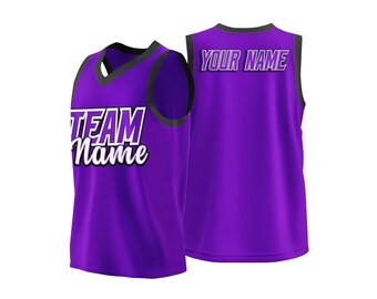 Camiseta de baloncesto personalizada con prensa de calor: camiseta morada sin mangas personalizada con nombre y número.