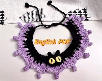 May include: Purple and black crocheted cat collar with a black cat face and yellow eyes. The collar has a purple crocheted border with small pom-poms. The text "English PDF" is written in orange on a white background.