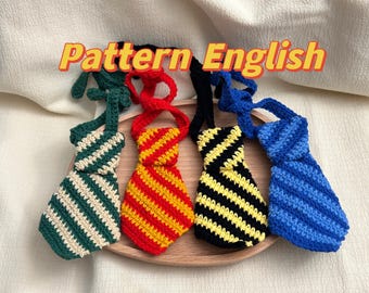 May include: Four crocheted striped ties in green and white, red and yellow, black and yellow, and blue. The ties are displayed on a wooden surface. The text "Pattern English" is visible above the ties.