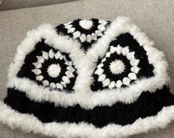 Handmade Crochet Bucket Hat With Faux Fur Trim - Etsy display picture 1