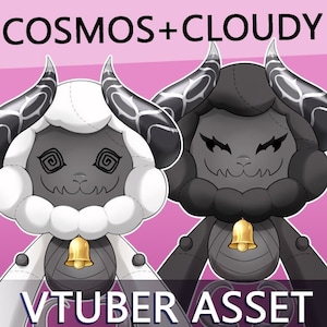 Puede incluir: Dos ovejas de peluche con cuernos negros y una campana. Una oveja es blanca con ojos negros y boca negra. La otra oveja es negra con ojos blancos y boca blanca. El texto "COSMOS+CLOUDY VTUBER ASSET" está en la parte superior de la imagen.