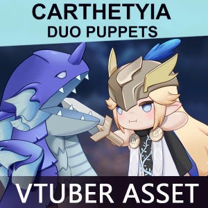 Könnte beinhalten: Illustration von zwei Zeichentrickfiguren. Einer ist ein lila Monster mit scharfen Zähnen, der andere ist eine blonde Figur mit Helm und Rüstung. Der Text oben lautet "CARTHETYIA DUO PUPPETS" und der Text unten lautet "VTUBER ASSET".