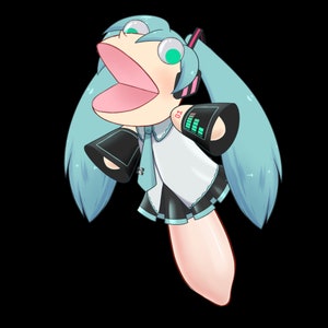 K&ouml;nnte beinhalten: Ein Anime-Charakter mit blauen Haaren, gr&uuml;nen Augen und einem rosa Mund ist im Cartoon-Stil dargestellt. Der Charakter tr&auml;gt ein schwarz-wei&szlig;es Outfit mit einer blauen Krawatte und einem schwarzen Stirnband mit einem Mikrofon. Der Charakter h&auml;lt ein schwarzes Mikrofon in der einen Hand und ein schwarz-gr&uuml;nes Ger&auml;t in der anderen Hand. Der Charakter schwebt in der Luft.