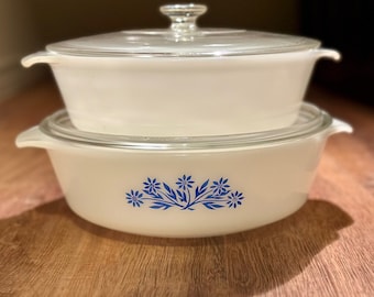 Pair of Vintage Anchor Hocking/Fire King lidded casserole oven Dish's Blue Cornflowers/Milk Glass OVEN TO TABLE