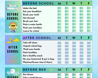 Puede incluir: Una lista de verificación colorida para los días escolares con un gráfico de sol, luna y nube. La lista de verificación incluye tareas para antes de la escuela, después de la escuela y antes de acostarse. Los días de la semana se enumeran en la parte superior de la lista de verificación.