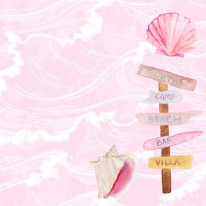 Può includere: Illustrazione ad acquerello con sfondo rosa e bianco ondulato. Presenta un cartello con la scritta "MEET ME AT THE BEACH", una conchiglia, una tartaruga e un palo di legno con indicazioni a tema spiaggia. Il tema generale è costiero.