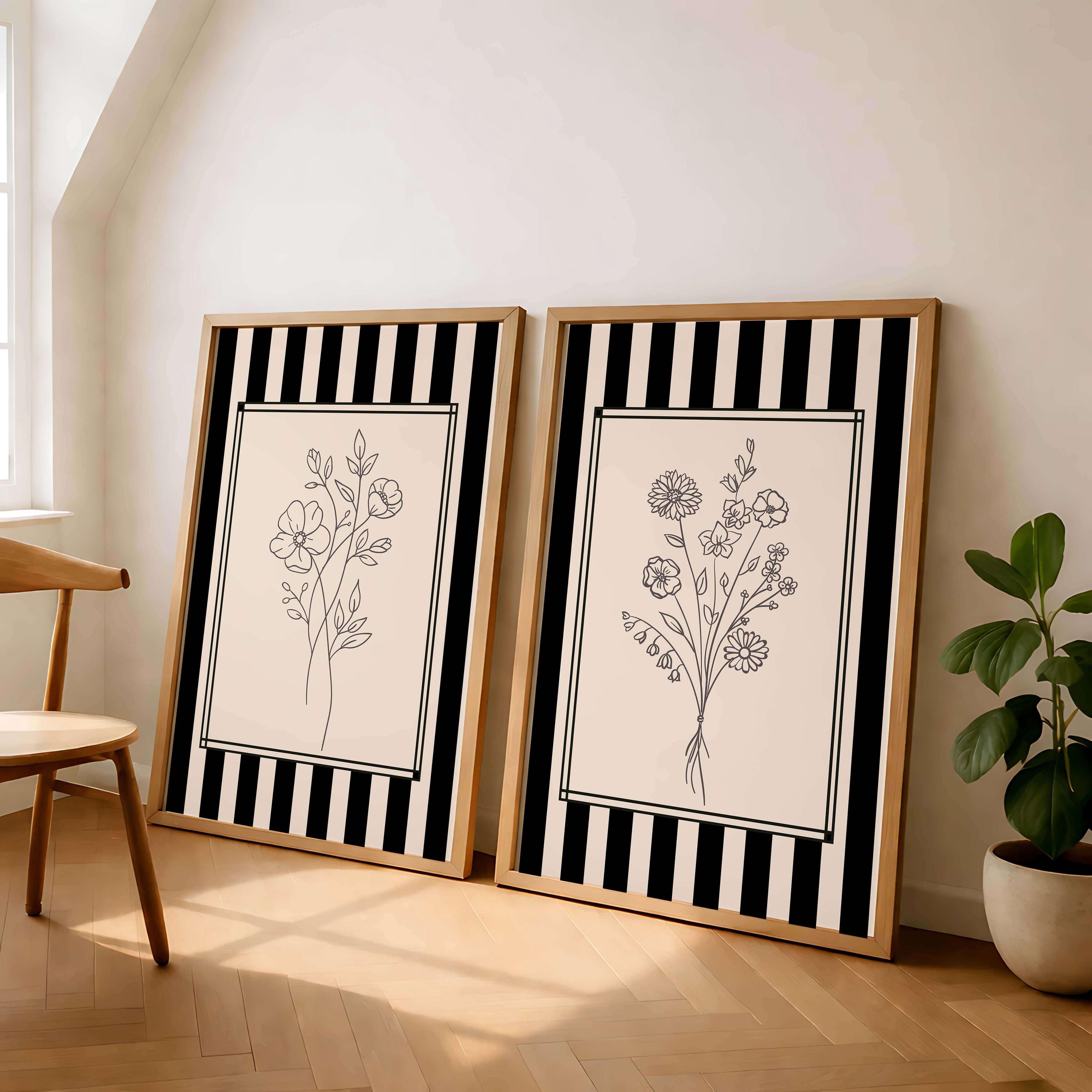 Minimalist Floral Line Art Set of 2, Black and White Botanical Prints ...