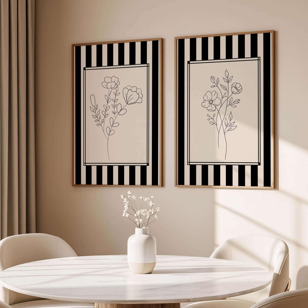 Minimalist Floral Line Art Set of 2, Black and White Botanical Wall Art ...