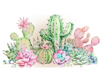 May include: Watercolor painting of a collection of cacti and succulents in shades of green, pink, and blue. The cacti are arranged in a row, with the tallest cactus in the center. The succulents are clustered around the cacti, with some flowers blooming.