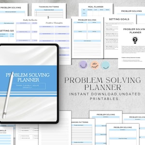 May include: A digital problem-solving planner with a blue and white design, displayed on a tablet with a stylus. The planner includes sections for setting goals, daily reflection, and positive thoughts. The text reads "Problem Solving Planner: Think Clearly, Solve Smartly."