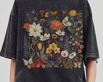 Pressed Flowers Tshirt, Boho Wildflowers Cottagecore Shirt V3, Oversized Vintage Botanical Tee, Pastel Floral Nature Shirt AIRET0504