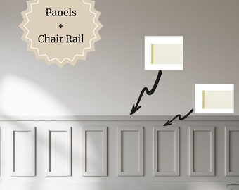 May include: A white wall with a chair rail and wainscoting panels. Two paint swatches are shown above the wainscoting. The text "Panels + Chair Rail" is written in a circle on the wall.