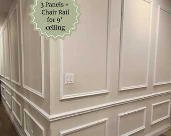 Wall Paneling Kit- Wall Trim Accent Wall- Wainscoting- Picture Frame Style Paneling- 9' Ceiling - 3 Panels and Chair Rail