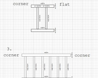 Op de afbeelding: Diagram met twee verschillende soorten balustradeontwerpen. Het eerste ontwerp is gelabeld "plat" en het tweede ontwerp is gelabeld "hoek". Het hoekontwerp heeft een 152,4 cm brede balustrade met 7 verticale steunen, elk 67,7 cm hoog. Het platte ontwerp heeft een 71,1 cm brede balustrade met 2 verticale steunen, elk 67,7 cm hoog.