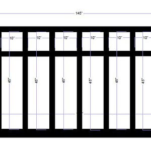 Op de afbeelding: Een zwart metalen rooster met een lengte van 144 inch en een breedte van 51 inch. Het rooster is verdeeld in 12 gelijke secties, elk 12 inch breed en 4,25 inch hoog.